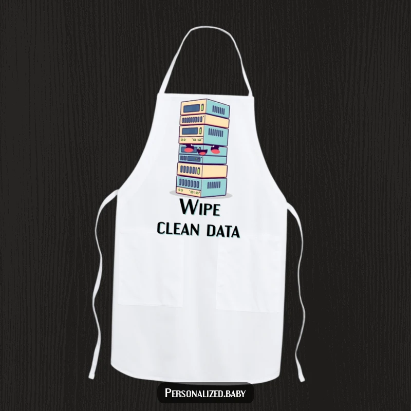Funny apron with a giggling, wobbly stack of data blocks, adding humor to cooking and data processing.