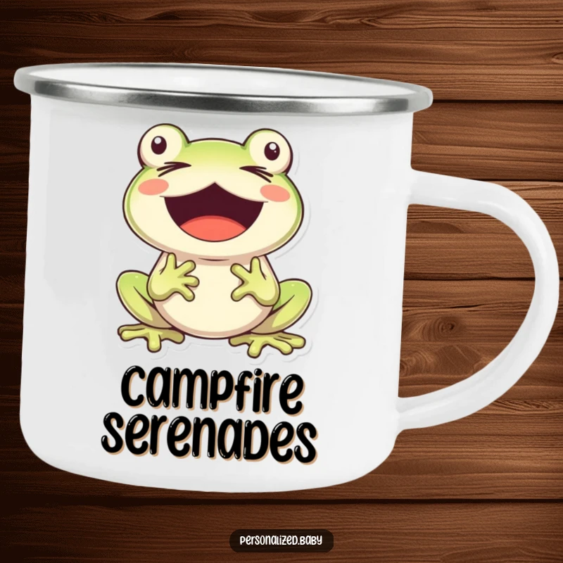 Funny, cheerful frog character singing with eyes closed and mouth wide open, perfect for this durable camping mug.