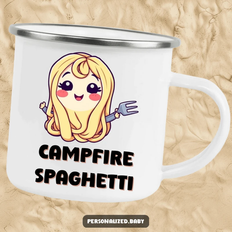 Funny Camping Mug: Smiling wiggling spaghetti noodle character with a fork, evoking playful hunger and pasta appreciation, a sturdy funny gift.