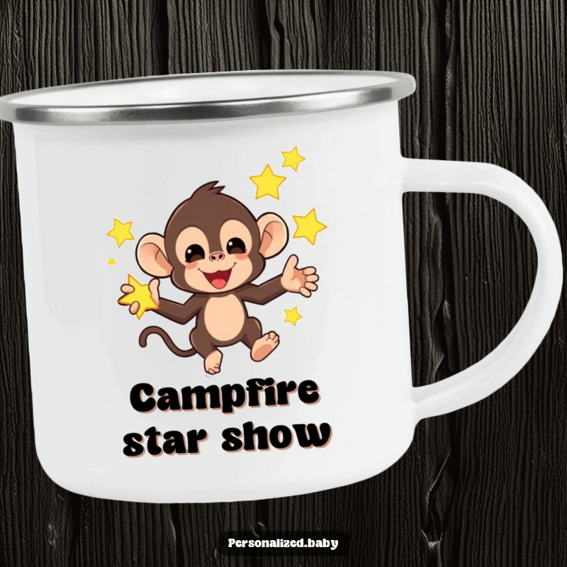 Funny camping mug featuring a mischievous monkey juggling bright, glowing stars, a humorous and sturdy mug for adventurers.