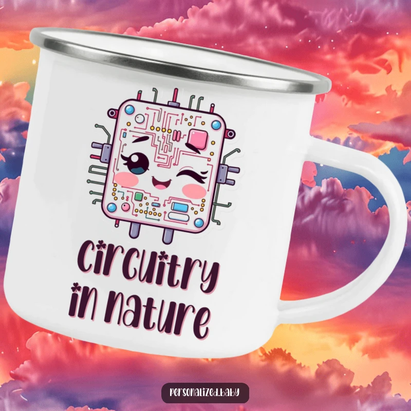 Funny Camping Mug: Cheerful, animated circuit board character winks. A humorous funny gift for outdoor enthusiasts.