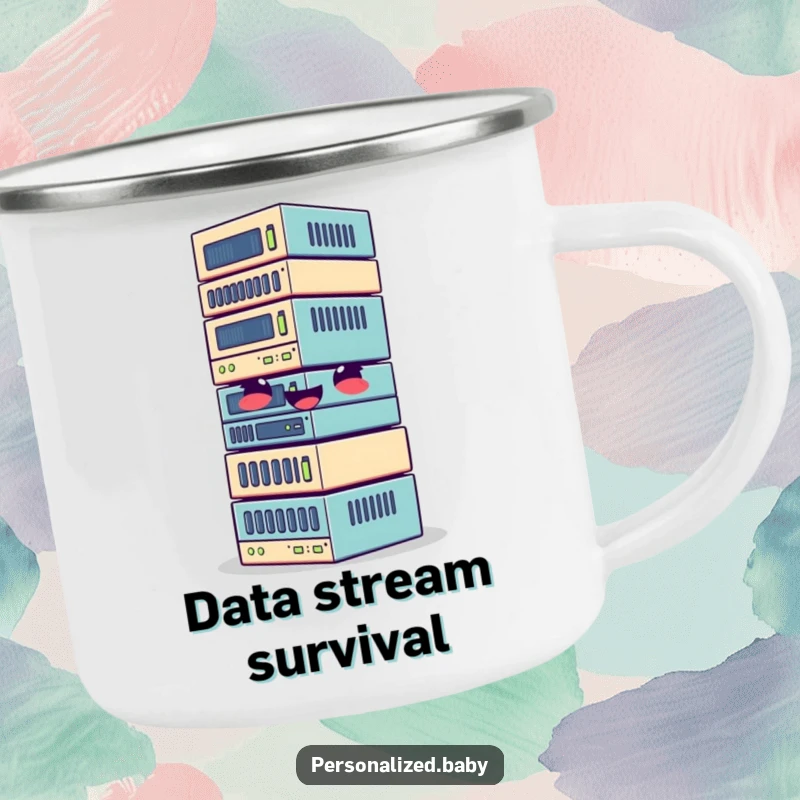 Funny camping mug with a giggling, wobbly stack of data blocks, perfect for rugged and humorous expeditions.
