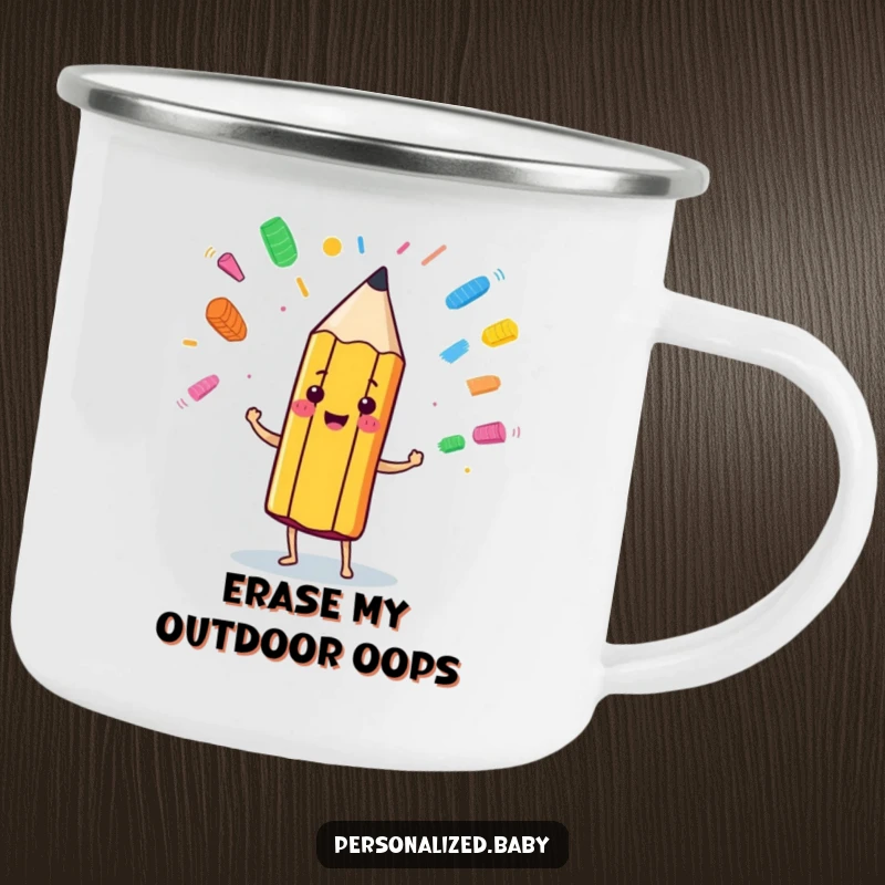 Funny anthropomorphic pencil character juggling colorful eraser marks, featured on a durable camping mug for creative adventurers.