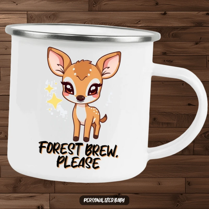 Funny camping mug with a shy deer fawn peeking from behind a twinkling star, rugged and ready for adventure.