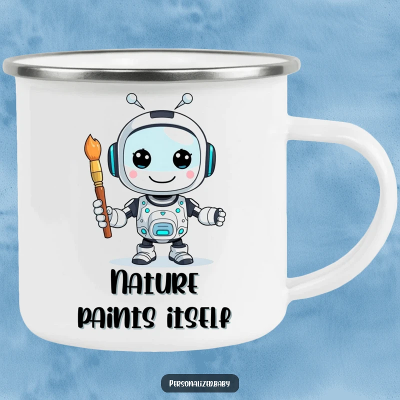 Funny camping mug with a happy, buzzing AI robot character holding a paintbrush, perfect for outdoor lovers and artists.