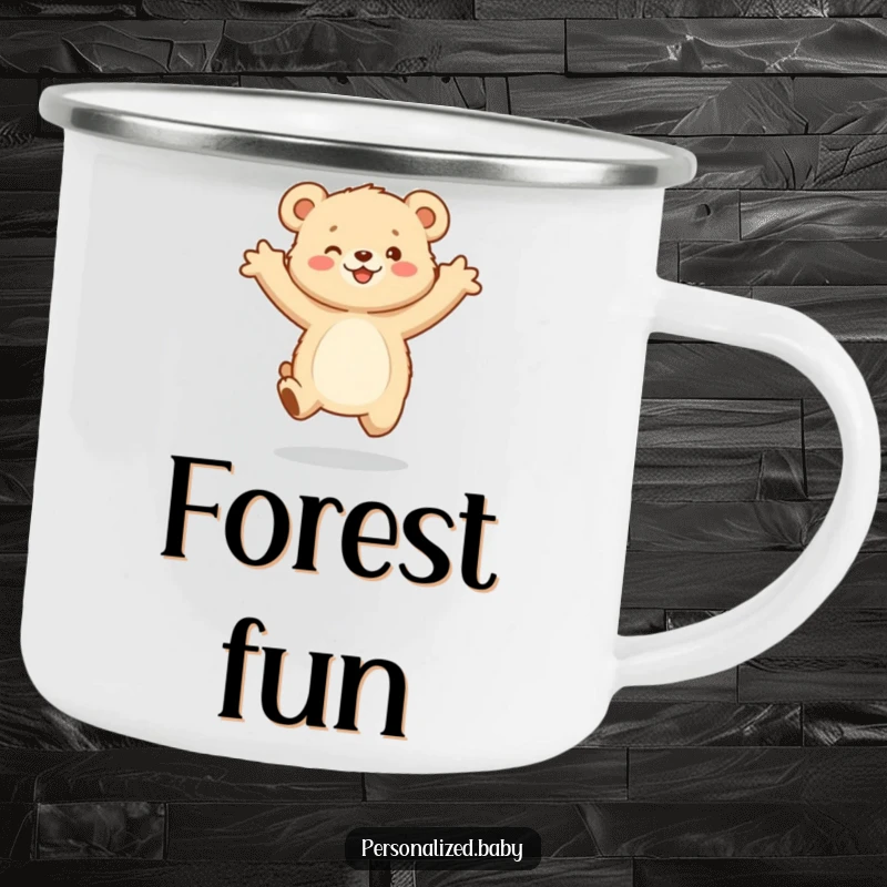 Funny Camping Mug: Fluffy bear cub jumping with arms outstretched, ideal for outdoor adventures and spreading joy, combining fun and function.