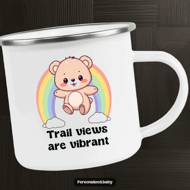 Funny camping mug featuring a fluffy bear cub bouncing on a colorful rainbow, a cheerful and durable mug for adventurers.