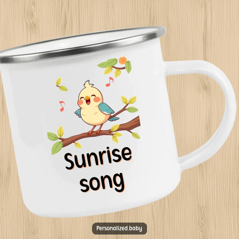 Funny, happy bird character perched on a branch, singing a tune, perfect for this durable camping mug.