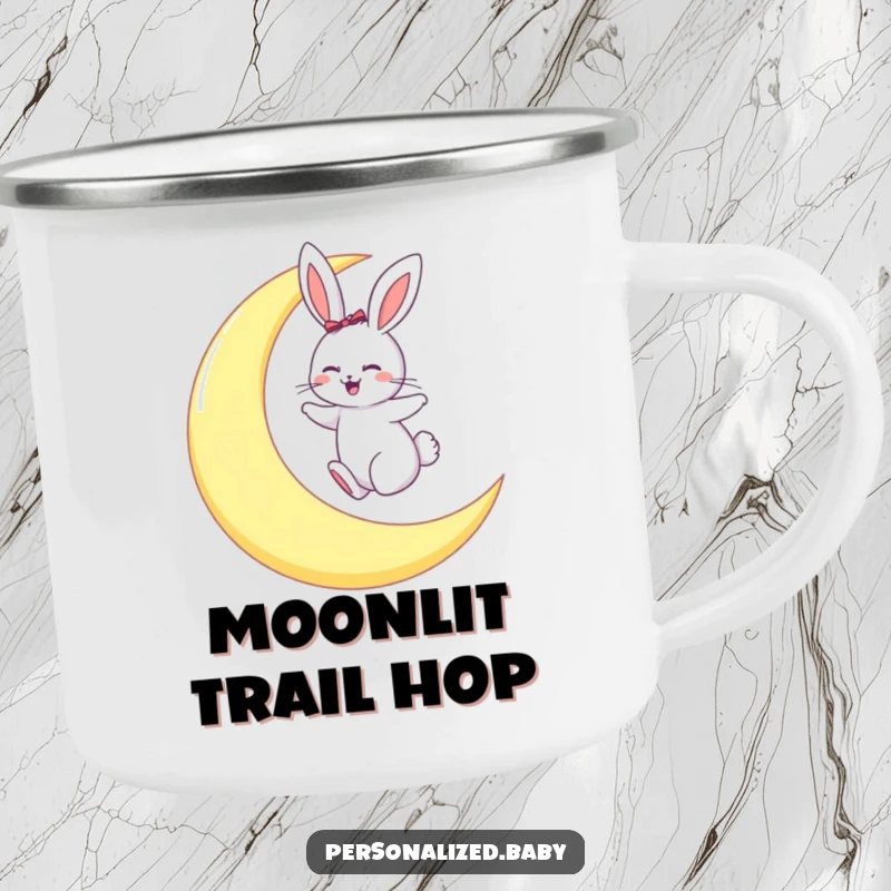 Funny camping mug featuring a giggling bunny hopping on a large crescent moon, ready for outdoor whimsy.