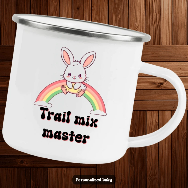 Funny enamel camping mug featuring a fluffy bunny with big ears hopping over a rainbow, for outdoor use.