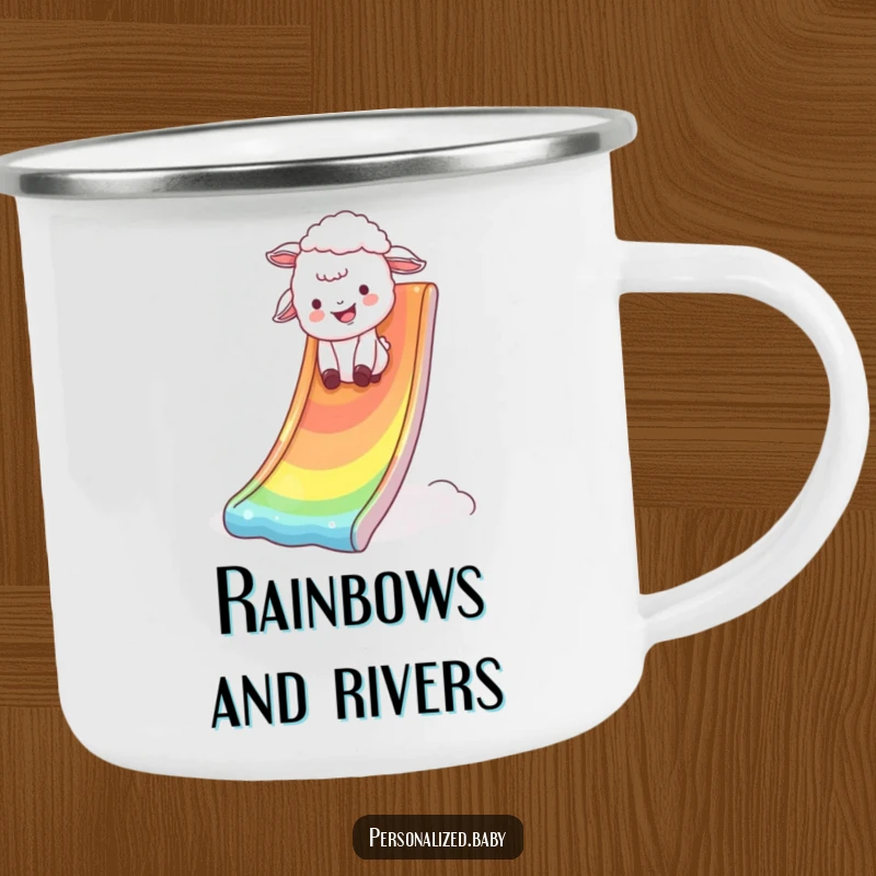 Funny Camping Mug featuring a giggling lamb tumbling down a shimmering rainbow slide, perfect for joyful outdoor adventures.