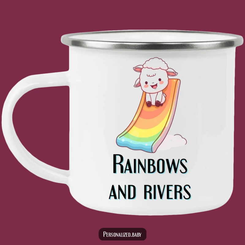 Funny Campfire Fun Mug: Lamb on rainbow slide, durable and funny gift.