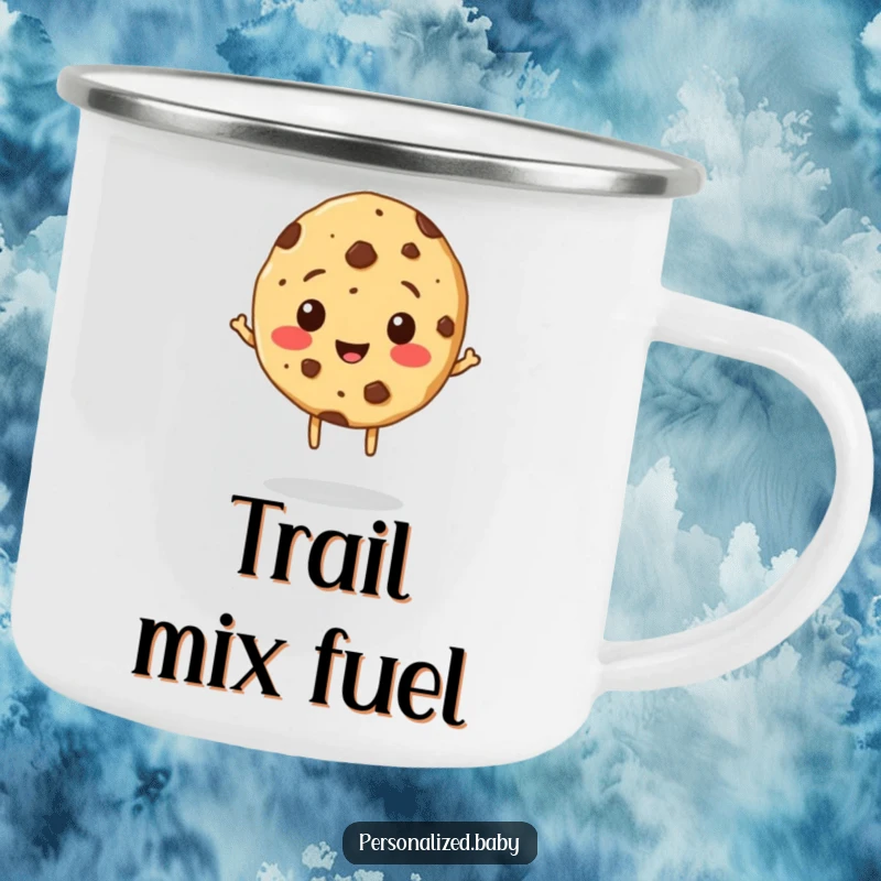 Funny Cookie Camping Mug: A sturdy enamel mug featuring a cheerful, bouncing cookie with chocolate chip freckles.