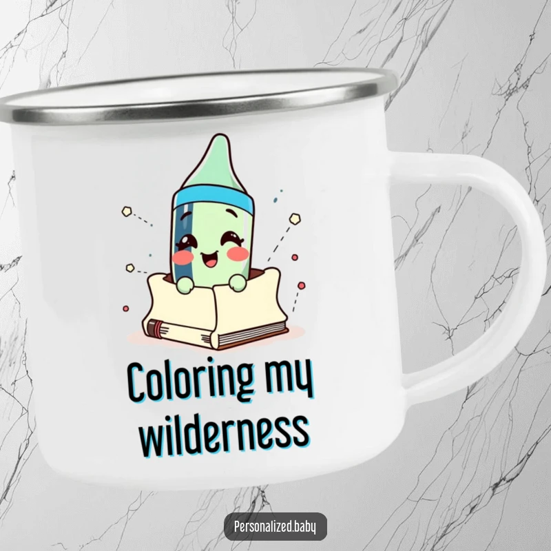 Funny crayon character bursting from a sketchbook, featured on a durable camping mug for creative journeys and hot beverages.