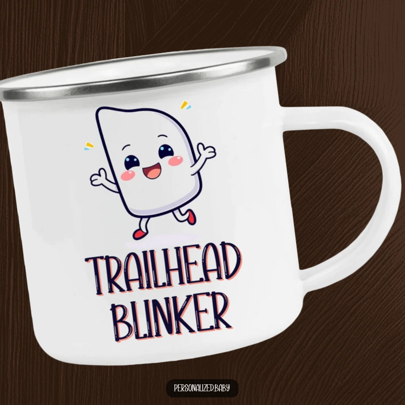 Funny camping mug with a cheerful, blinking cursor character dancing, perfect for outdoor lovers and digital creators.