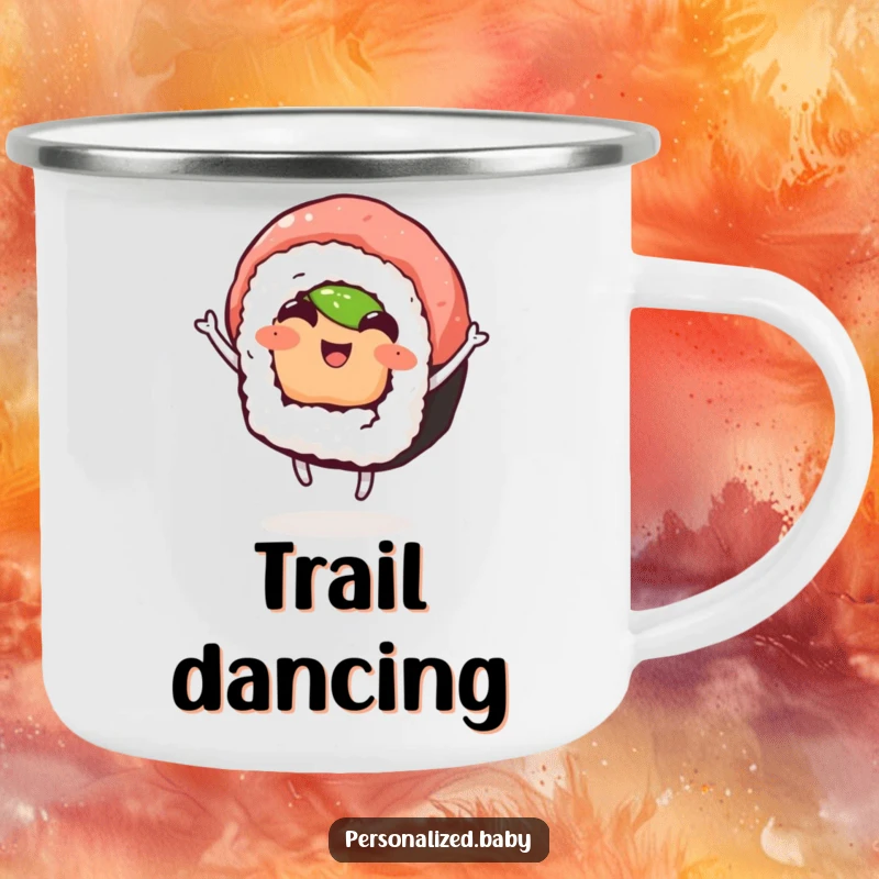 Funny camping mug showing a happy, dancing sushi roll, perfect for outdoor trips and sushi lovers, a cool funny gift.