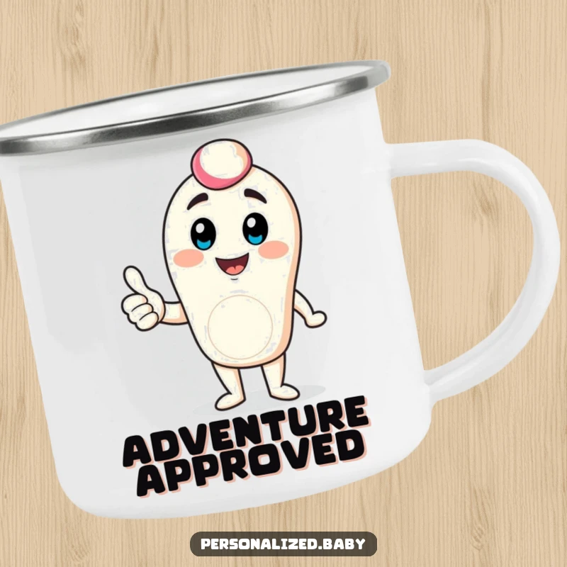 Funny digital avatar camping mug featuring a bouncing character giving a thumbs up, designed for cheerful and positive outdoor experiences.
