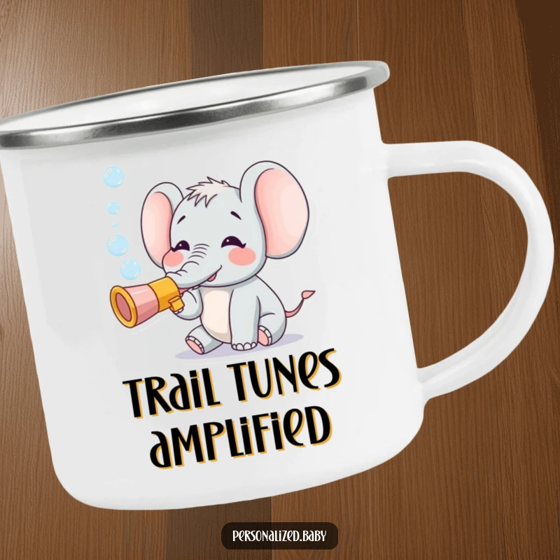 Funny camping mug with a tiny, happy elephant playing a toy trumpet and blowing bubbles, perfect for outdoor enthusiasts.