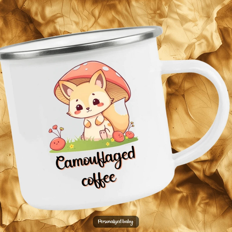 Funny Camping Mug: Mischievous fox kit peeking from behind a mushroom, perfect for enjoying cozy sips and woodland adventures.