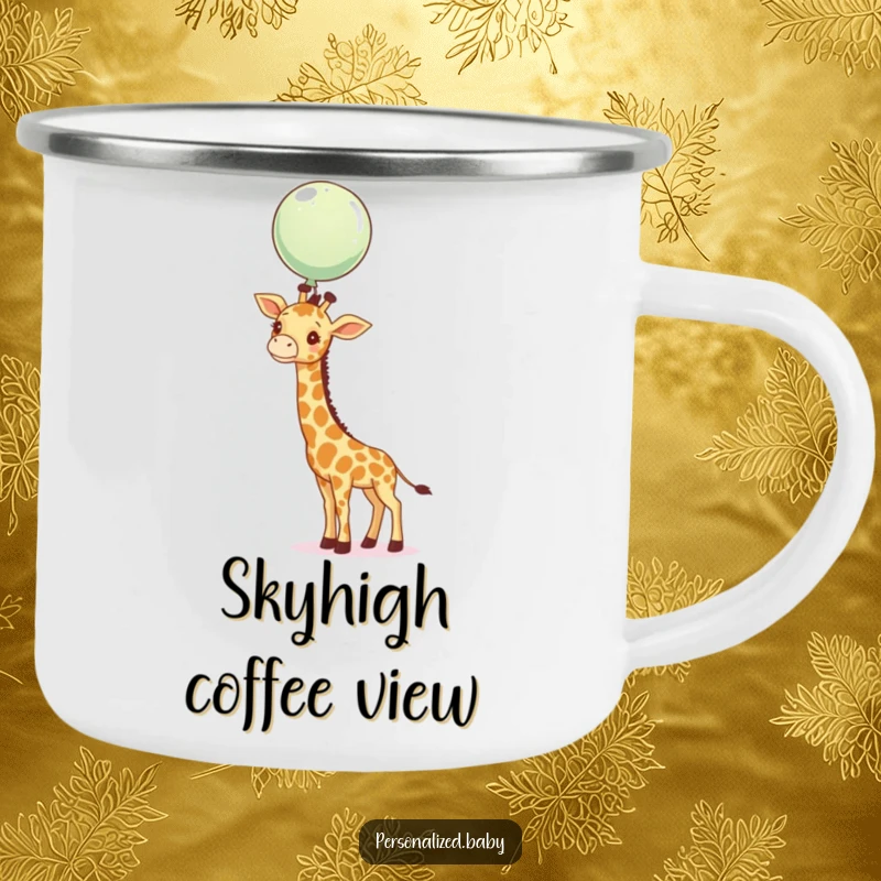 Funny giraffe calf stretching its neck towards a floating balloon near a campfire, a humorous camping mug.