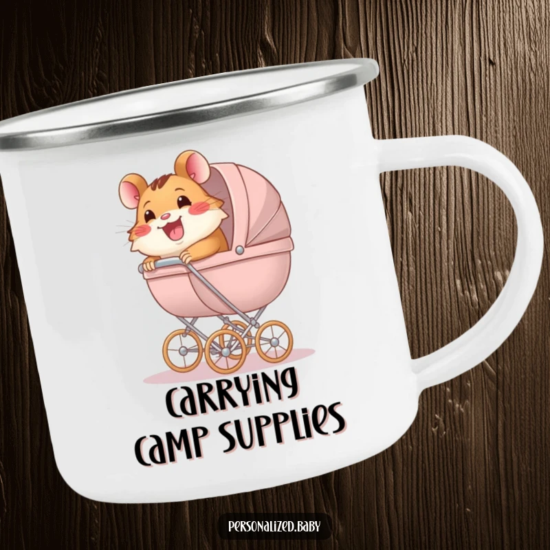 Funny Camping Mug featuring a happy hamster pushing a large baby carriage, a humorous and motivating companion for outdoor trips.