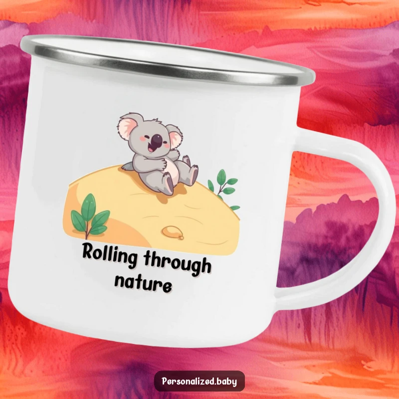 Funny Camping Mug: Giggling koala bear joyfully tumbling down a hillside, ideal for happy outdoor sips and cheerful campfires.