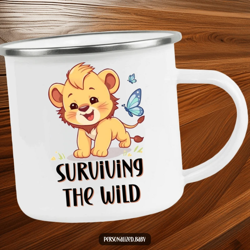 Funny enamel camping mug with a clumsy baby lion cub chasing a sparkling butterfly, perfect for outdoors.