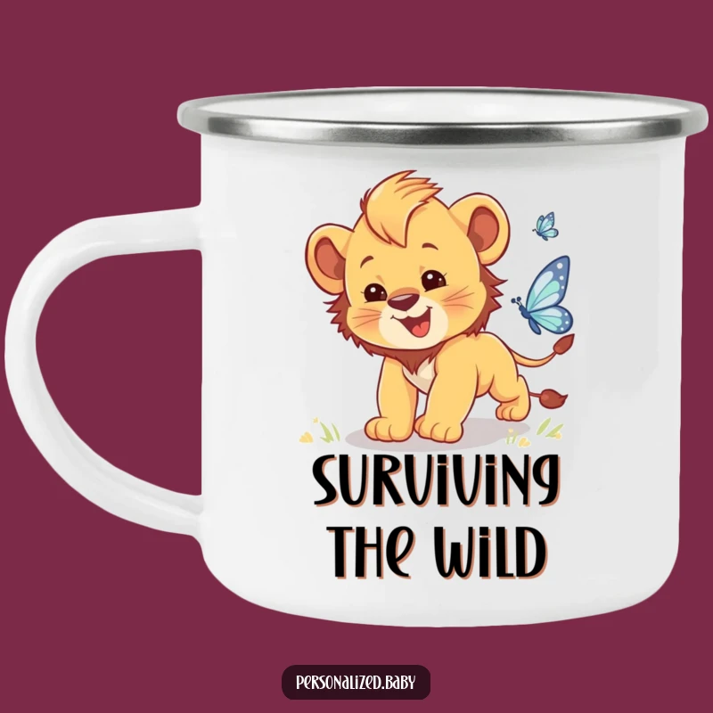 Funny Lion Cub Butterfly Chase Camping Mug: Clumsy Cub Enamel Cup for Outdoors