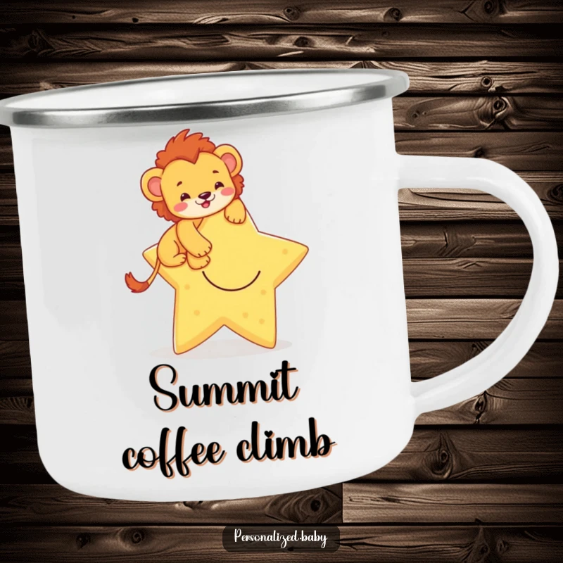 Funny camping mug featuring a brave lion cub climbing a smiling star, perfect for outdoor enthusiasts and dreamers.