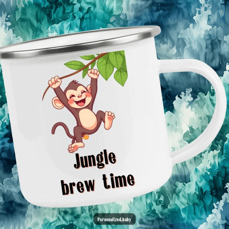 Funny baby monkey camping mug, enamel finish, swinging from a vine, laughing loud, durable outdoor cup.