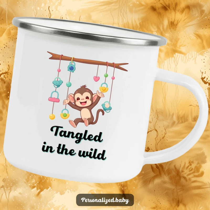 Funny Camping Mug featuring a mischievous monkey tangled in a pacifier mobile, a humorous and relatable companion for parents.