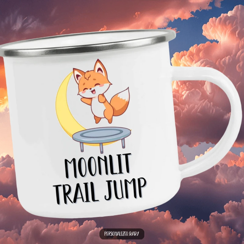 Funny camping mug with a fox cub bouncing on a crescent moon, a humorous and durable vessel for drinks.