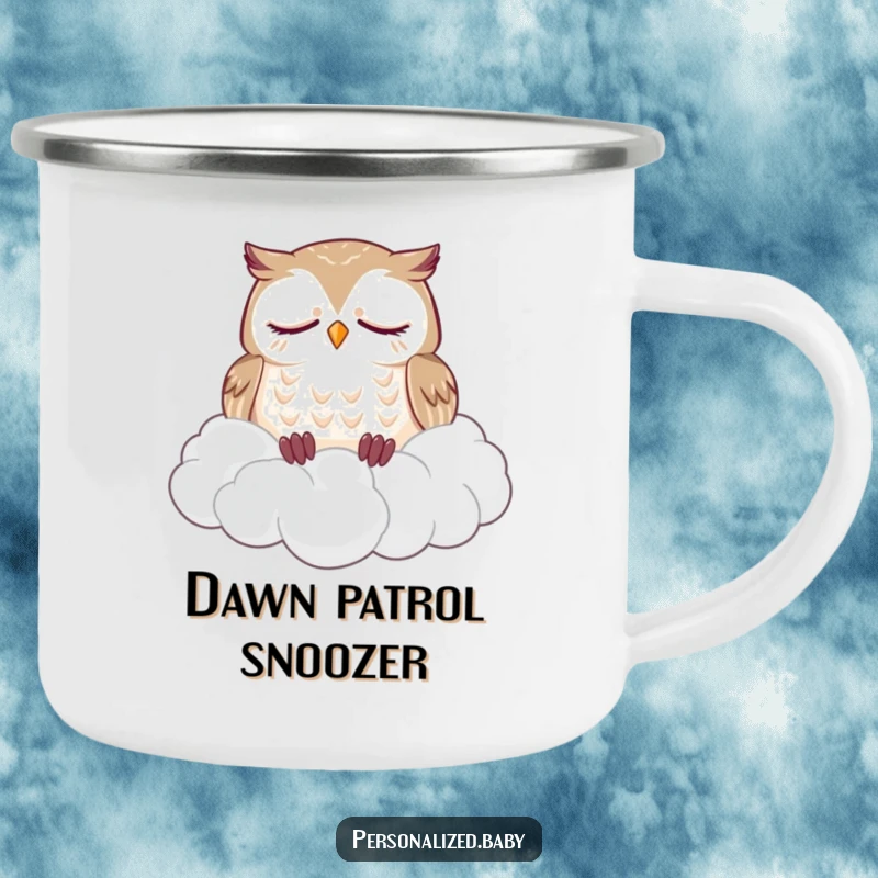 Funny camping mug featuring a sleepy owl dozing soundly on a fluffy pile of clouds, a humorous and sturdy mug for nature lovers.