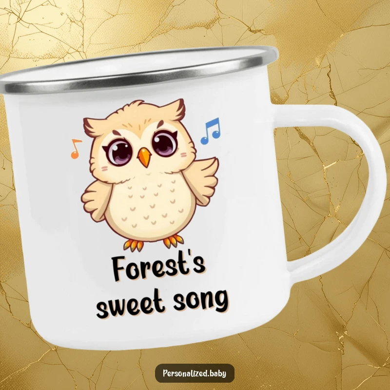 Funny Owl Melody Camping Mug featuring a surprised owl character hooting melodiously, perfect for enjoying drinks outdoors with whimsical humor.