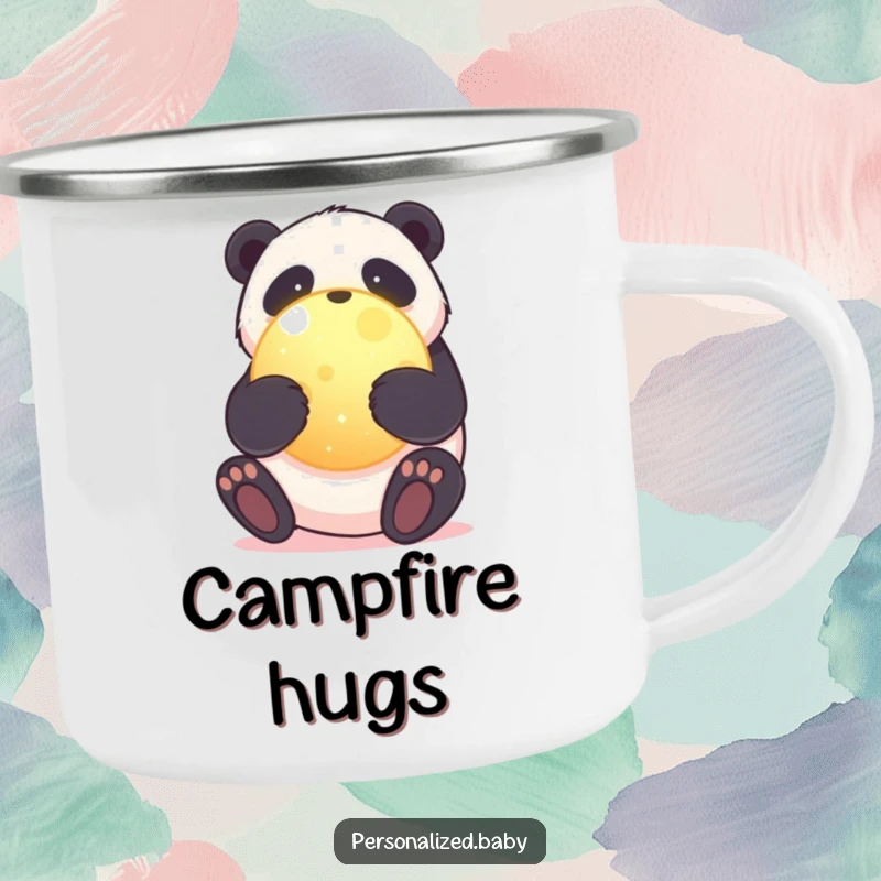 Funny camping mug featuring a sweet panda bear hugging a glowing planet, celebrating nature and eco-friendliness.