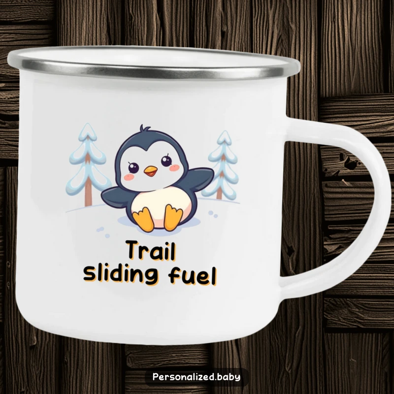 Funny penguin chick sliding down a snowy slope near a campfire, a humorous and durable camping mug.