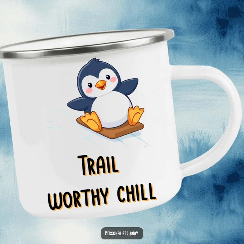Funny camping mug with a happy penguin sliding down a starry, icy slope, celebrating outdoor adventure and arctic whimsy.