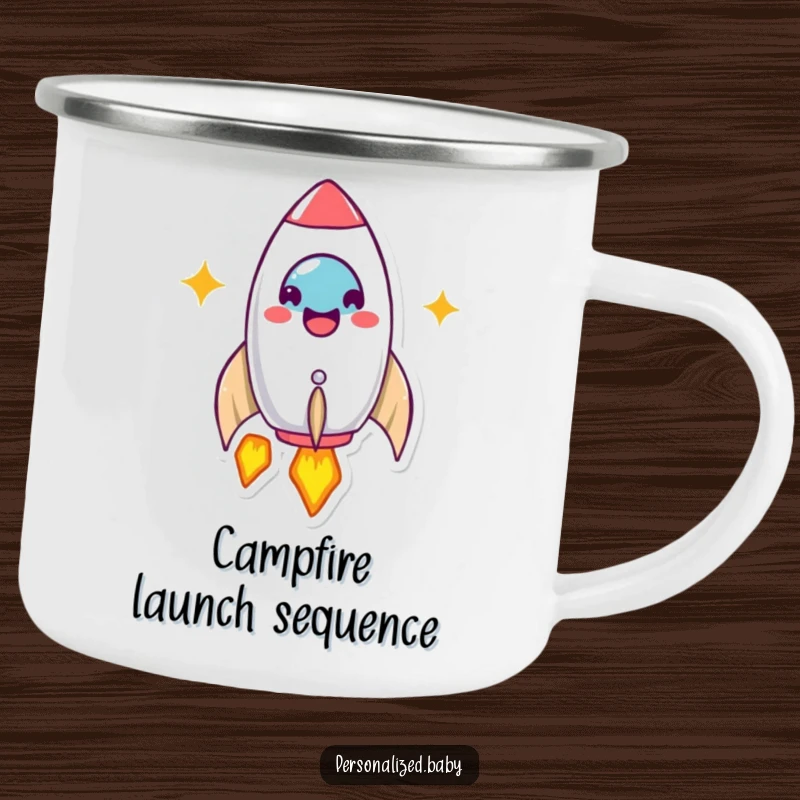 Funny Camping Mug: Beaming rocket ship character launches happily. A humorous funny gift for outdoor enthusiasts.