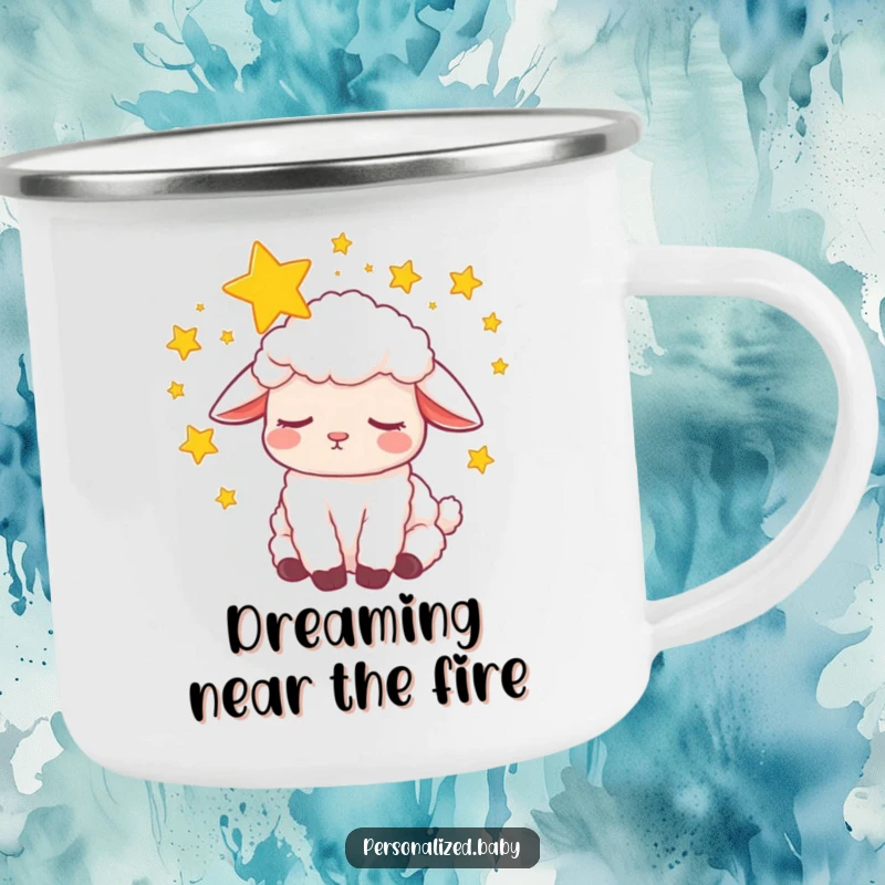 Funny Camping Mug: Sleepy lamb dreaming peacefully among swirling stars, perfect for serene outdoor sips and quiet nights.