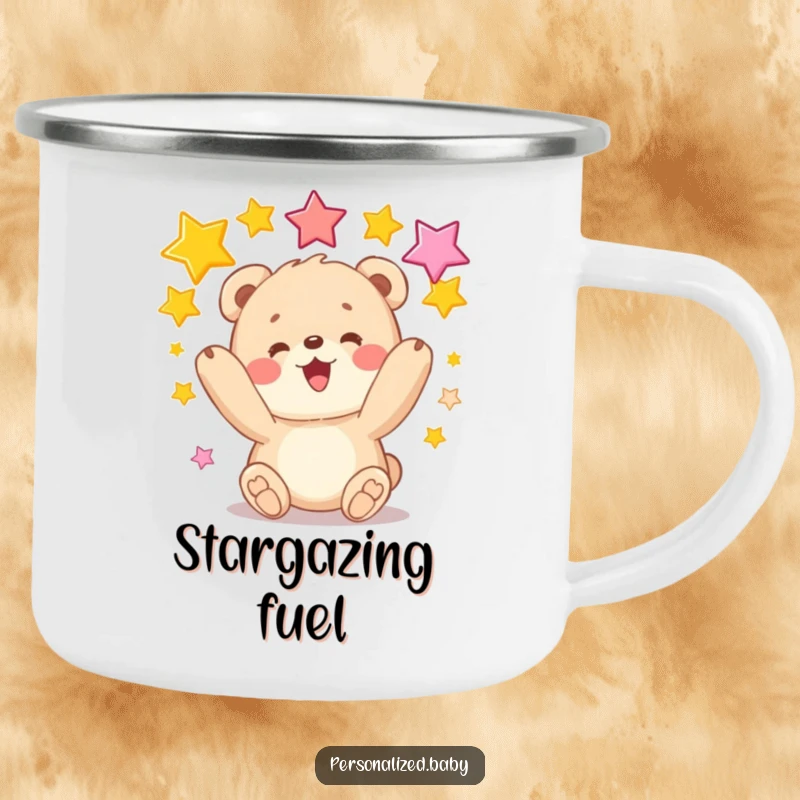 Funny camping mug with a bear cub juggling stars, a durable and humorous vessel for drinks on any adventure.