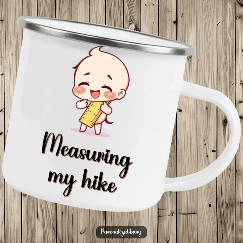 Funny ruler character bent with laughter, featured on a durable camping mug for humorous outdoor adventures.