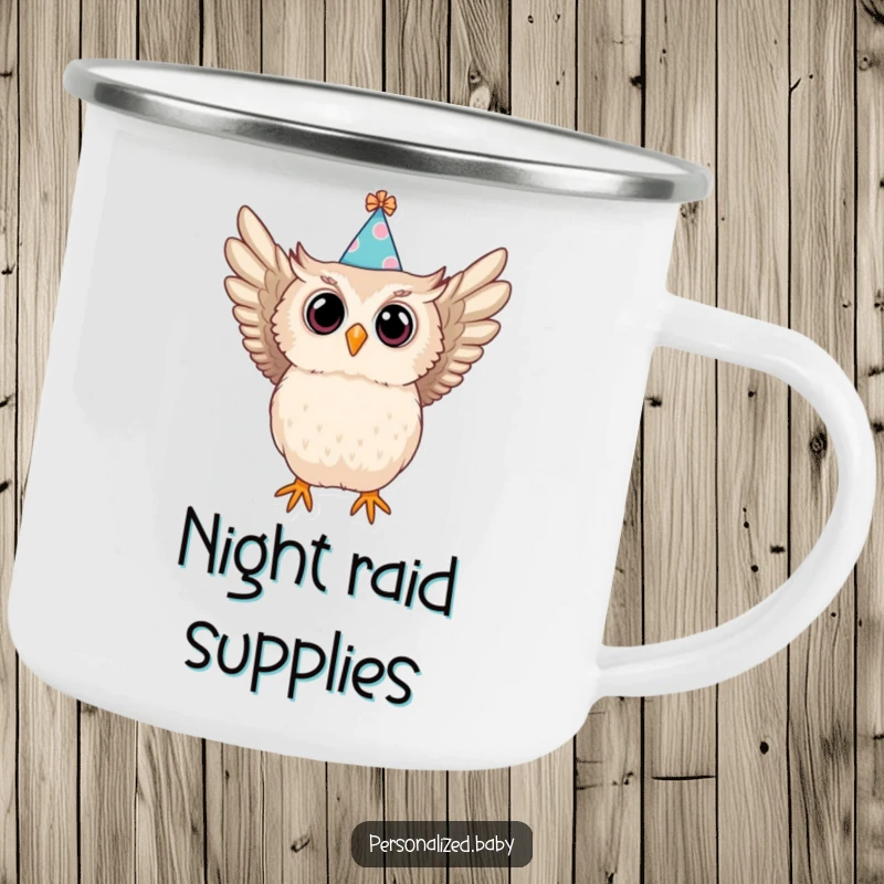 Funny camping mug with a baby owl in a party hat swooping, a humorous and durable vessel for drinks.
