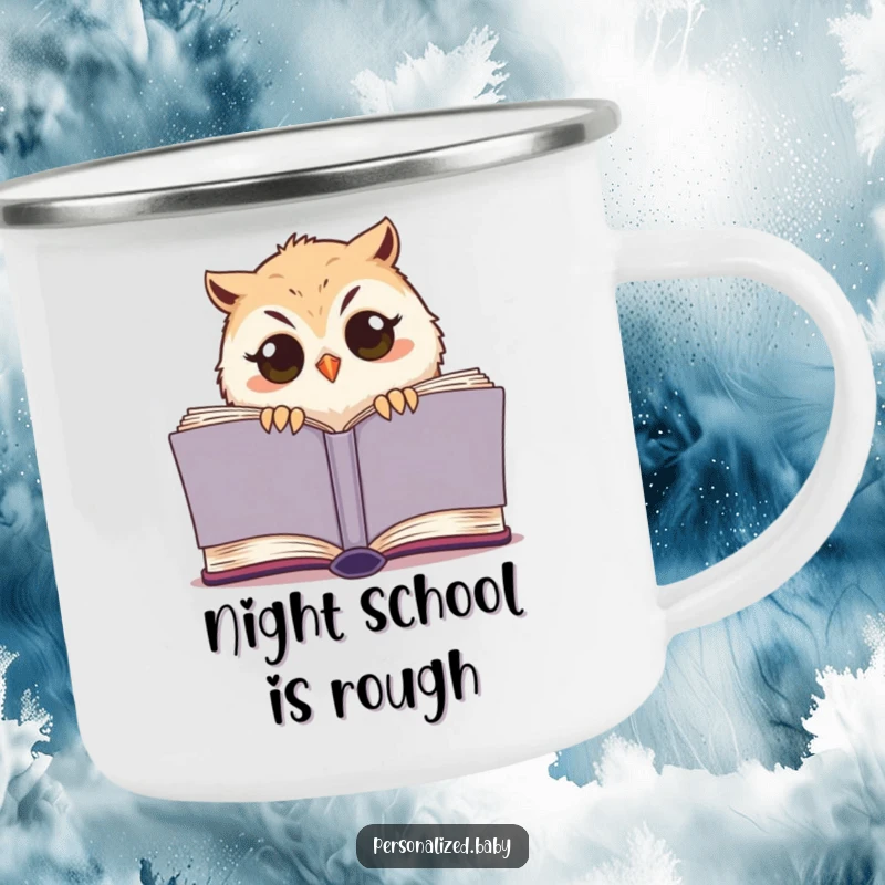 Funny owl chick camping mug, sleepy bird peeking from a book, durable and humorous mug for outdoor enthusiasts.