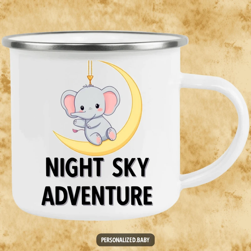 Funny camping mug featuring a tiny elephant gleefully swinging from a crescent moon, a humorous and sturdy mug for night owls.