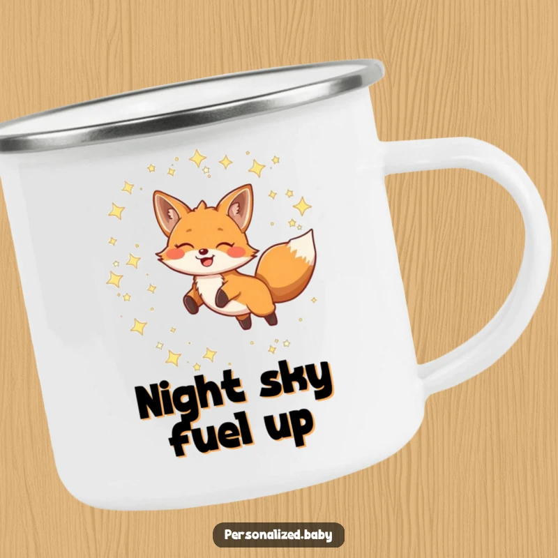 Funny Camping Mug featuring a smiling fox leaping through twinkling constellations, great for outdoor adventures and starry nights.