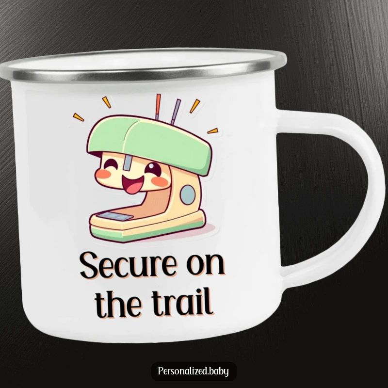 Funny stapler camping mug featuring a smiling stapler character with staples popping out, ideal for outdoor productivity.