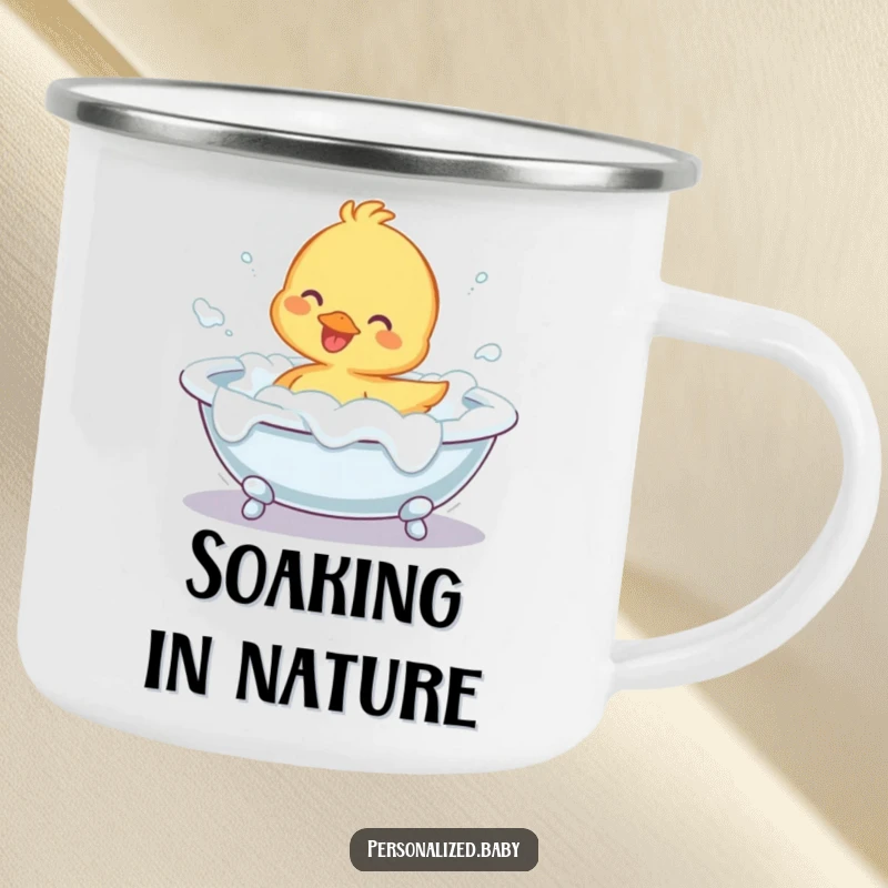 Funny Camping Mug featuring a cheerful duckling splashing in a foam-filled bathtub, a fun and humorous companion for outdoor trips.