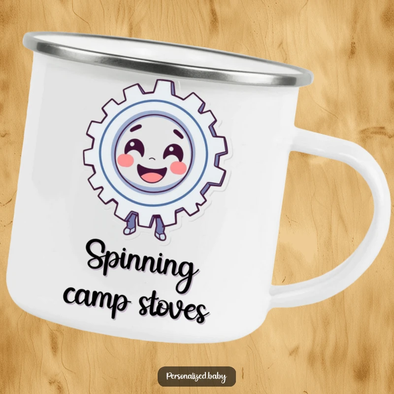 Funny Camping Mug: Smiling, spinning gear character exudes playful automation. A humorous funny gift for outdoor enthusiasts.