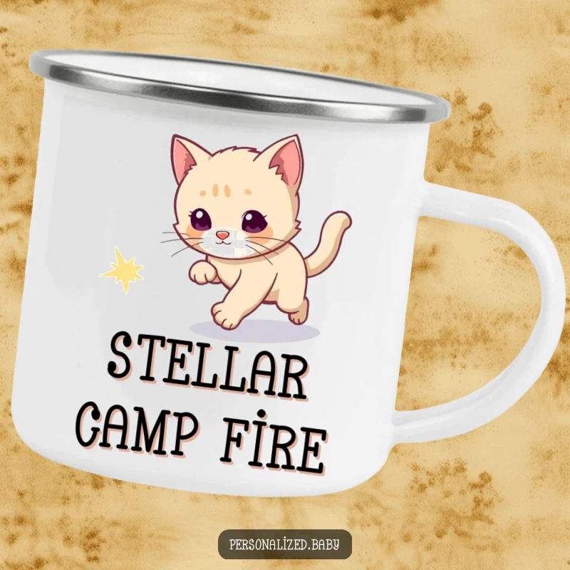 Funny camping mug featuring a curious kitten chasing a sparkly comet tail, ready for cosmic outdoor fun.