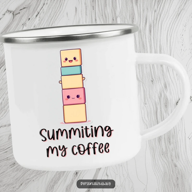 Funny smiling stacking block character in a wobbly stack, a humorous camping mug for adventurous, comedic enjoyment.